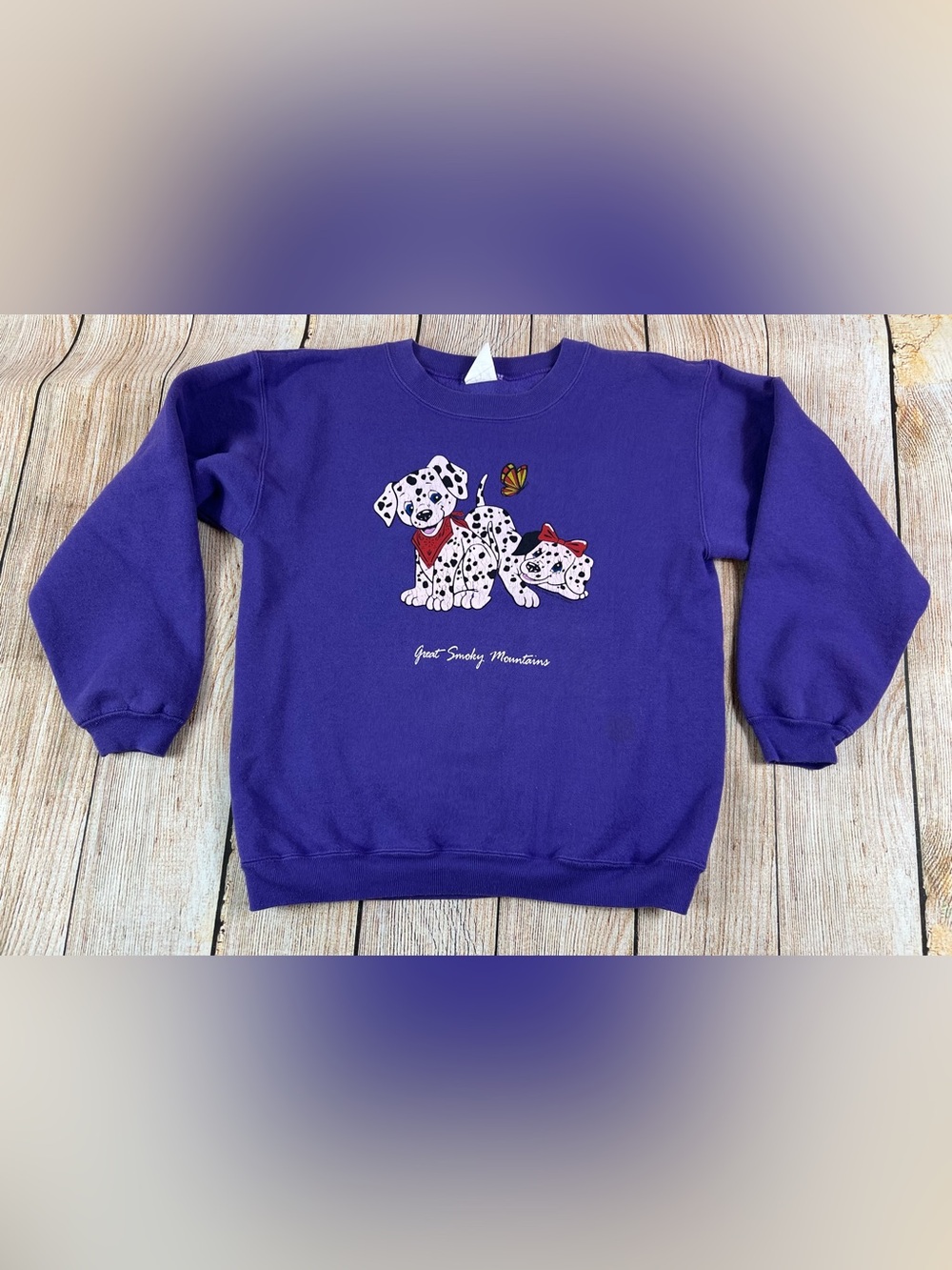 Vintage 90s Kids Dalmatians Great Smoky Mountains Purple Sweatshirt Size M 10/2